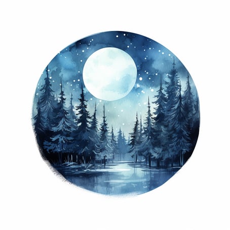 Ein Aquarellbild zeigt den Mond mit Bäumen im Hintergrund im Stil isolierter Landschaften, Märchenillustrationen, glitzernder Wasserreflexionen, dunklem Weiß und Blau, Forestpunk, Cabincore, hellem Weiß und dunklem Cyan