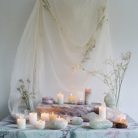 Eine weiße Wand, an der ein großer Tüllstoff herunterhängt, Kerzen und Kristalle auf dem Tisch davor, umgeben von weißen Blumen. Eine hellgrüne Marmorsteinplatte ist mit zartvioletten Pastell-Edelsteinen bedeckt. Die Beleuchtung ist sanft und die Töne