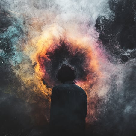 Eine Person steht vor einer Explosion, umgeben von wirbelnden Farben und Formen, die den Eindruck erwecken, als würde sie sich trennen oder auseinanderbrechen. Der Fokus liegt auf dem Gesicht, mit Tiefenfotografie und sanfter Beleuchtung