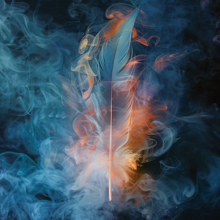 Nahaufnahme einer Tierfeder, mit einigen schönen Farben, irisierend,  im Stil komplizierter Unterwasserwelten, helles Marineblau und Smaragdgrün, gesättigtes Farbschema, dunkles Orange und helles Azurblau, lineare Muster