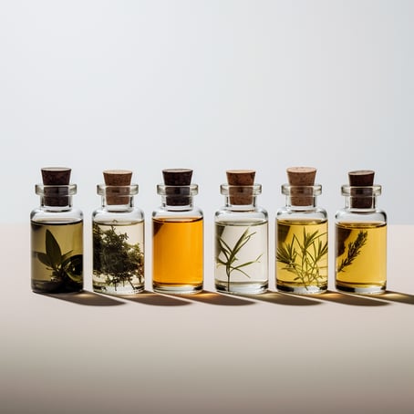 kleine Glasflaschen mit verschiedenen Ölen, Kräutern und Gewürzen, im Stil minimaler Retusche, von der Natur inspirierte Motive, Weichzeichnungsporträts, Leuchtkasten, japanischer Einfluss, aus Weinreben, von der Natur inspirierte Bilder