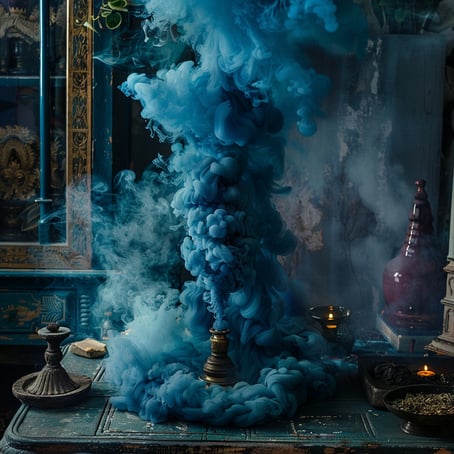 ein Raum mit viel blauem Rauch kommt aus einer bronze Vase die auf einem Tisch steh, im Stil skurriler und fantastischer Elemente, dunkles Cyan und Gold, Tabletop-Fotografie, orientalisch, mit Tusche getüncht, barocke Extravaganz, stimmungsvolle Aufnahmen