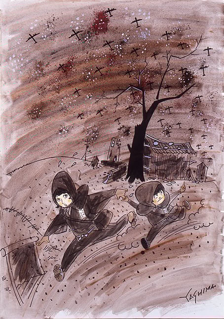 八島一夫 《横浜大空襲500機［450まで数えられるってどうでもよいのよ早く逃げて]》    マジック、水彩、紙 1978年　102.7×72.4cm　横浜市民ギャラリー蔵