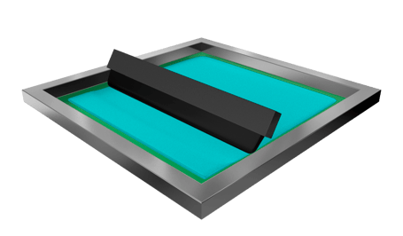 The print squeegee presses ink through the open meshes in the screen onto the sheet