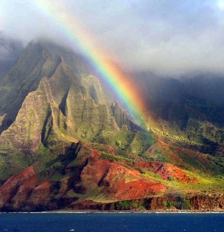 A picture of creative harmony the Hawaiian Island with a rainbow.