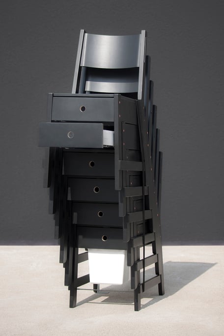 CHAIR OF DRAWERS- IKEA Hacked by Lucas & Lucas - stack of 8 NORRÅKER chairs with drawers under the seat become a chest of drawers