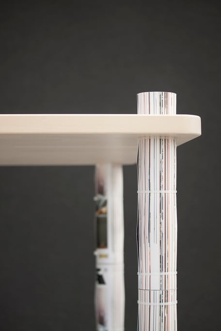 BEST BEFORE TABLE - IKEA Hacked by Lucas & Lucas - Table legs made of rolled up IKEA catalogues, connected with free IKEA pencils