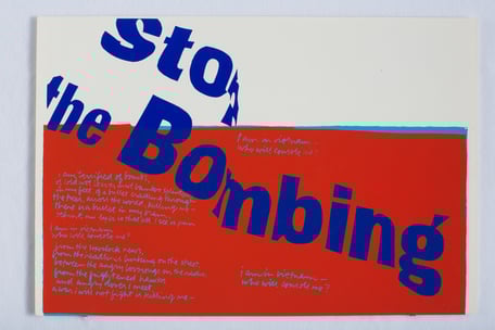 Corita Kent, "stop the bombing," 1967, serigraph, 18 x 23 inches © 2024, Corita Art Center, corita.org