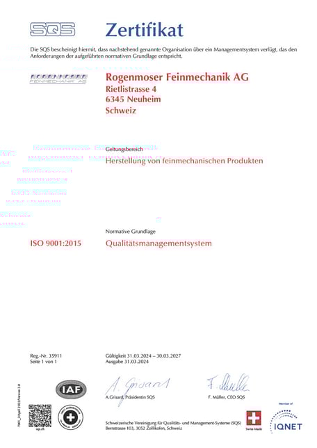 Rogenmoser Feinmechanik AG Zertifikat ISO 9001