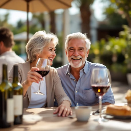Mature couple enjoying wine and dining outdoors, smiling and relaxing at a table with wine glasses