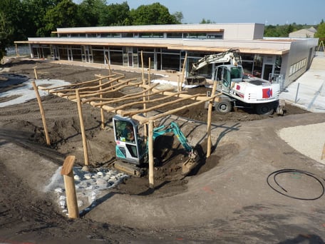 Erneuerung Außenanlage Spielplatz Kindergarten Mönchhof Bagger von Kirschner & Zechmeister Fallschutz