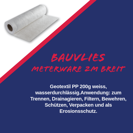 Bauvlies Geotextil PP 200g weiss wasserdurchlässig Zum Trennen Drainage Filter Bewehrung Schutz Erosionsschutz Meterware 2m breit Mönchhof