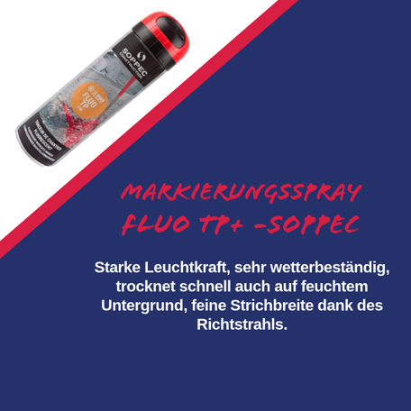 Markierspray Rot Fluo TP Soppec starke Leuchtkraft sehr wetterbeständig trocknet schnell auch auf feuchtem Untergrund feine Strichbreite