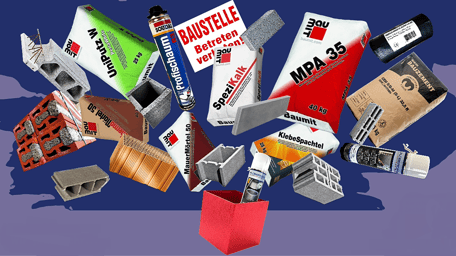 Übersicht über Baustoffsortiment von Kirschner & Zechmeister Baumit Überlager Pichler Ziegel Brunnenschaum Bauvlies Uniputz Mauermörtel Mauersteine Schalsteine Hohlblocksteine Spezikalk MPA 35 Zement Markierspray