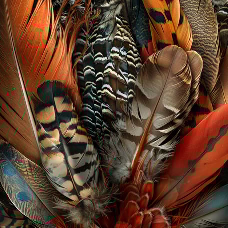 Eine Nahaufnahme von bunten, roten, schwarzen, braunen und gelben Federn, im Stil fotorealistischer Kompositionen, hellbraun und türkis, gemischte Muster,helles Silber und dunkles Orange