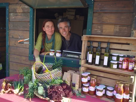 Blick auf eine Gemüseparzelle und den Folientunnel