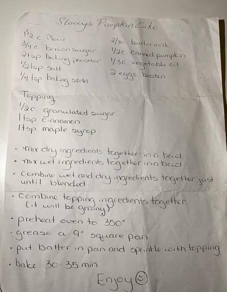 Photo de la recette écrite à la main (en anglais)