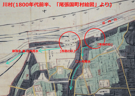 江戸時代の川村絵図。2つ杁があり、東側が「□ヶ村用水」