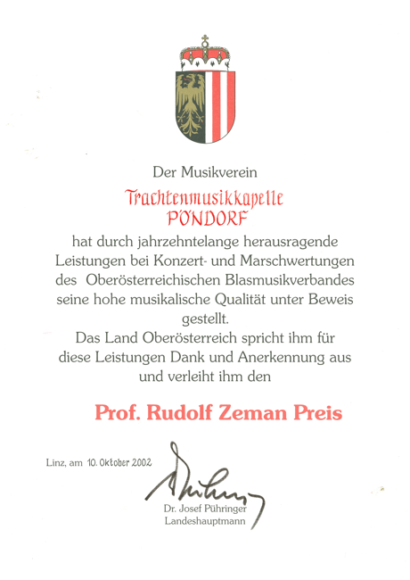 Prof. Rudolf Zeman Urkunde TM Pöndorf