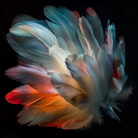 viele bunte Federn auf dunklem Grund arrangiert, im Stil gestreifter Arrangements, helles Rot und helles Orange, leuchtende Farbpaletten