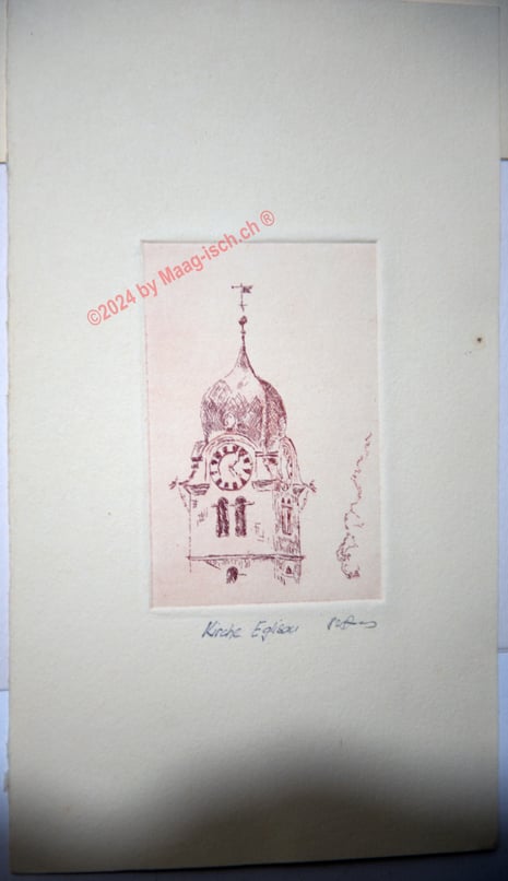 Radierung (Wachs mit Stecknadel) Kirche Eglisau 1982.