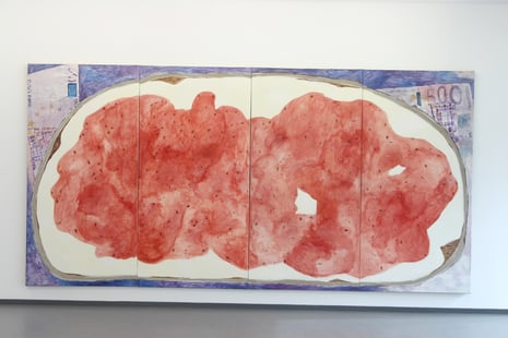 Eva Hradil "Brotberuf Malerei, Erdbeermarmelade" 2015/2016, Eitempera auf Halbkreidegrund auf LW, 200 x 400 cm, Ausstellungsansicht