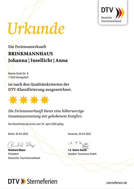 4 Sterne Ferienhaus DTV Klassifizierung BRINKMANNHAUS Johanna Insellicht Anna Heringsdorf Seebad