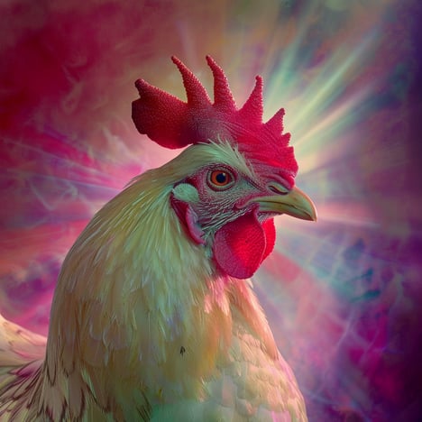 Weisses Huhn seitlich, schaut nach rechts, im Hintergrund sind strahlen auf pinkem Hintergrund zu sehen