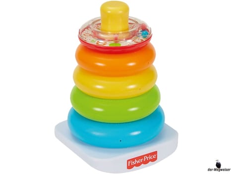 Im Paket Fisher-Price ist eine Farbring Pyramide mit 5 farbige Ringe und einer Schaukelbasis enthalten.