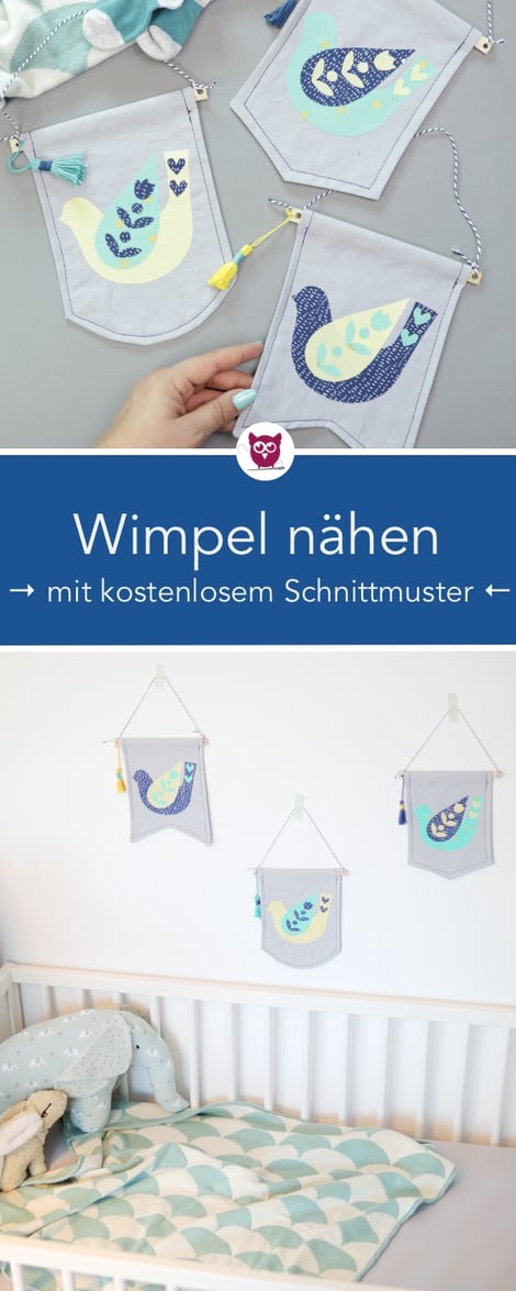 [Werbung] Wimpel nähen fürs Kinderzimmer mit Applikation – nähen mit der Big Shot. Nähanleitung von DIY Eule. Perfekte Dekoration fürs Babybett oder auch als Geschenk.