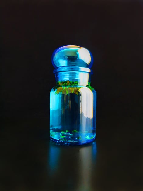 Eine kleine blaue Glasflasche mit Flüssigkeit darin, schwarzer Hintergrund, grüne Lichtreflexionen auf der Oberfläche der Flüssigkeit im Glas, hyperrealistisches Ölgemälde, Vorderansicht