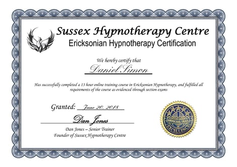 Zertifikat Ericksonian Hypnotherapy Daniel Simon