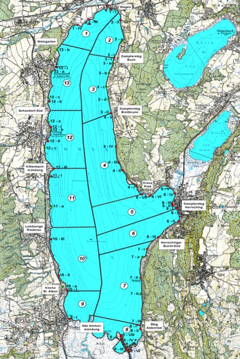 Abbildung 1: Abschnittseinteilung des Ammersees (RAMSAR-GEBIETSBETREUUNG AMMERSEE 2002)