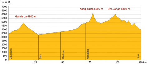 Höhenprofil Trekking Ladakh mit Gipfelbesteigung Duo Jongo und Kang Yatze