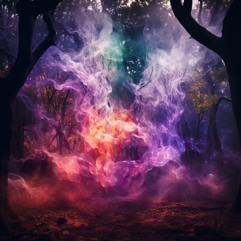 eine Explosion leuchtend farbigen Feuers inmitten eines Waldes, im Stil surrealistischer Elemente, hellviolett und rot, ätherische Kreaturen, neblige Gotik, von der Natur inspirierte Installationen, mystische Symbolik