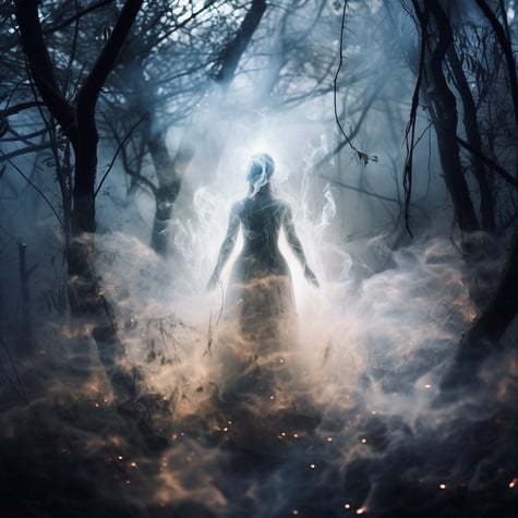 Eine Fee, die in einem Wald sitzt, im Stil von ätherischen, geisterhaften Figuren, dramatischer atmosphärischer Perspektive, rauchigem Hintergrund, Schreimaschine, wirbelnden Wirbeln, psychologischem Horror, hellem Weiß und Blau