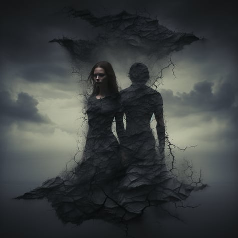 eine düstere Fantasieszene mit einem Päarchen mit dem Rücken zugewandt in einer düsteren Szene, im Stil verzerrter figurativer Formen, dramatischer Himmel, Wimmelbilder, rissiger, organischer Bildhauerei 