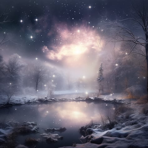 ein gefrorener Fluss im Schnee, im Stil traumhafter Fantasiewesen, markierte Bäche, kosmische Landschaft, Nachtlandschaft, sanfte Pinselführung, fein und detailliert, himmlisch