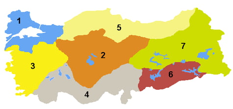 Die Regionen der Türkei: 1 Marmararegion, 2 Zentralanatolien, 3 Ägäisregion, 4 Mittelmeerregion, 5 Schwarzmeerregion, 6 Südostanatolien, 7 Ostanatolien
