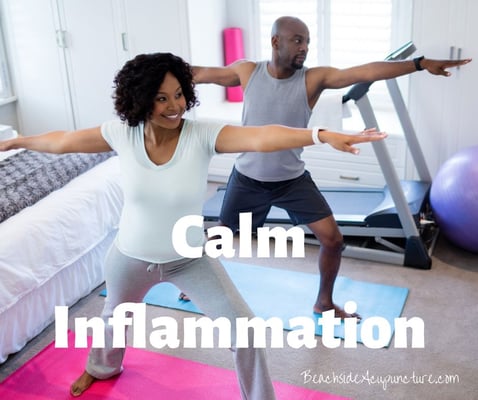 "Calm Inflammation" and "BeachsideAcupuncture.com" set over a happy couple practicing yoga exercises