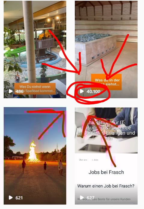 Screenshot der Übersicht alle Reels von Frasch mit eingeblendeter Zuschaueranzahl