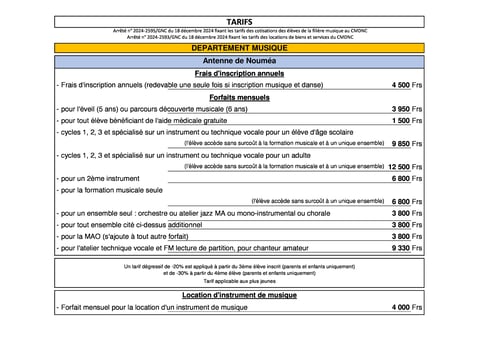 Tarifs secteur MUSIQUE (Antenne de Nouméa)