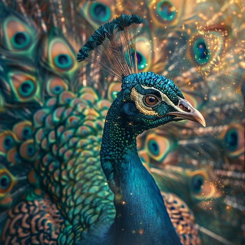 Ein pfau mit geöffneten fächer, man sieht aber nur einen teil des fächers und sein gesicht, er ist umgeben von leuchtenden gold glitzer
