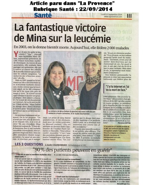 Doc aude CHARBONNIER LMC FRANCE JOURNEE MONDIALE LMC ARTICLE PRESSE MINA DABAN