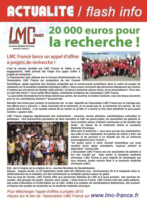 lmc france appel projet recherche leucemie myeloide chronique leucémie myéloïde  20 000 euros aide don