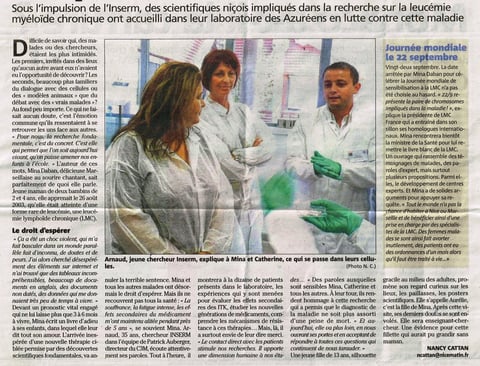 LMC FRANCE LABORATOIRE NICE MATIN AUBERGER C3M INSERM NANCY CATTAN CHERCHEURS RECHERCHE leucémie myéloïde chronique