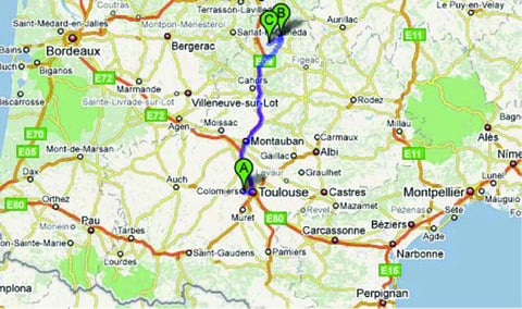 A=Colomiers, B=Gouffre de Padirac, C=Rocamadour