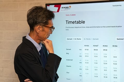 スイス氷河特急のタイムテーブルを見る田中純