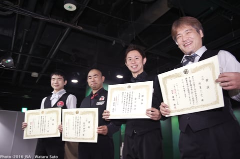 2016全日本スヌーカー選手権、上位選手（優勝の桑田哲也は右2）