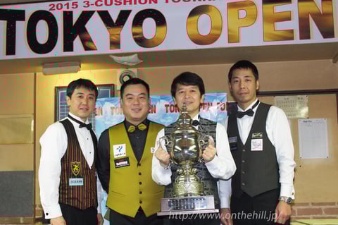 3C東京オープン上位入賞者左から：3位梅田竜二、2位趙在浩、優勝新井達雄、3位鈴木剛